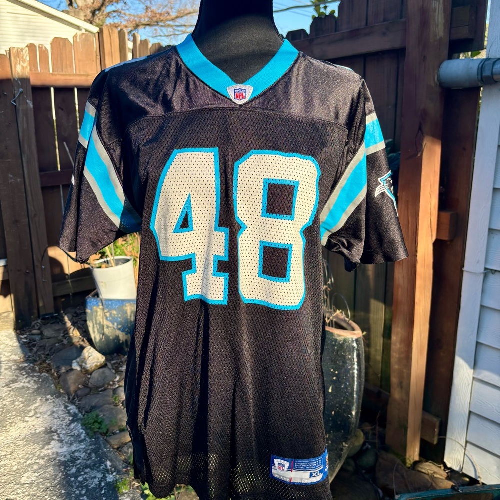 🏈🩵 Vintage Carolina Panthers Stephen Davis #48 Reebok NFL Jersey Youth XL 🏈🩵